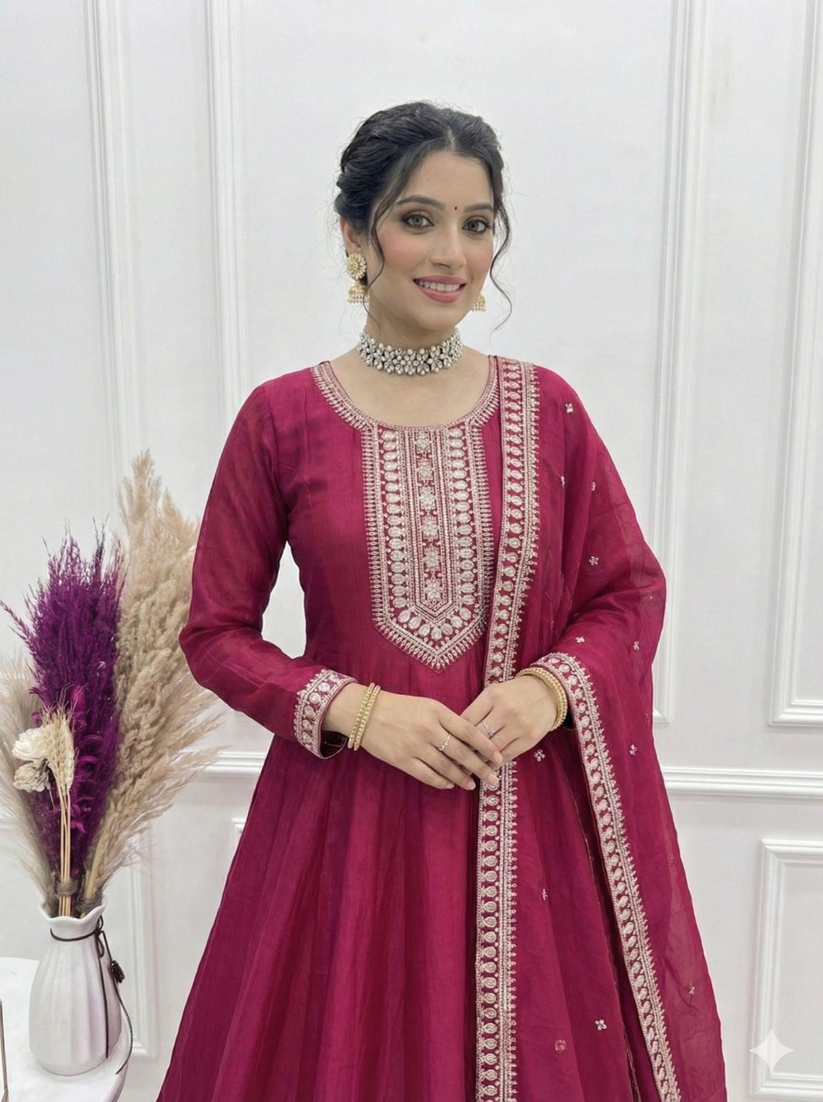 Aadhya Pink Vichitra Silk Anarkali Gown with Dupatta Set