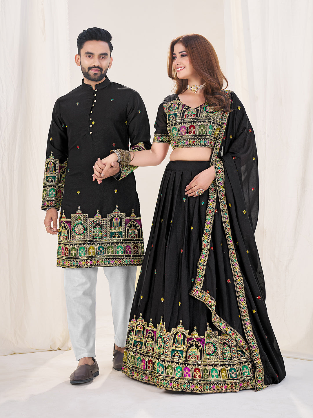 Shringaar Jodi Embroidered Lehenga Choli & Matching Men's Kurta Set Combo