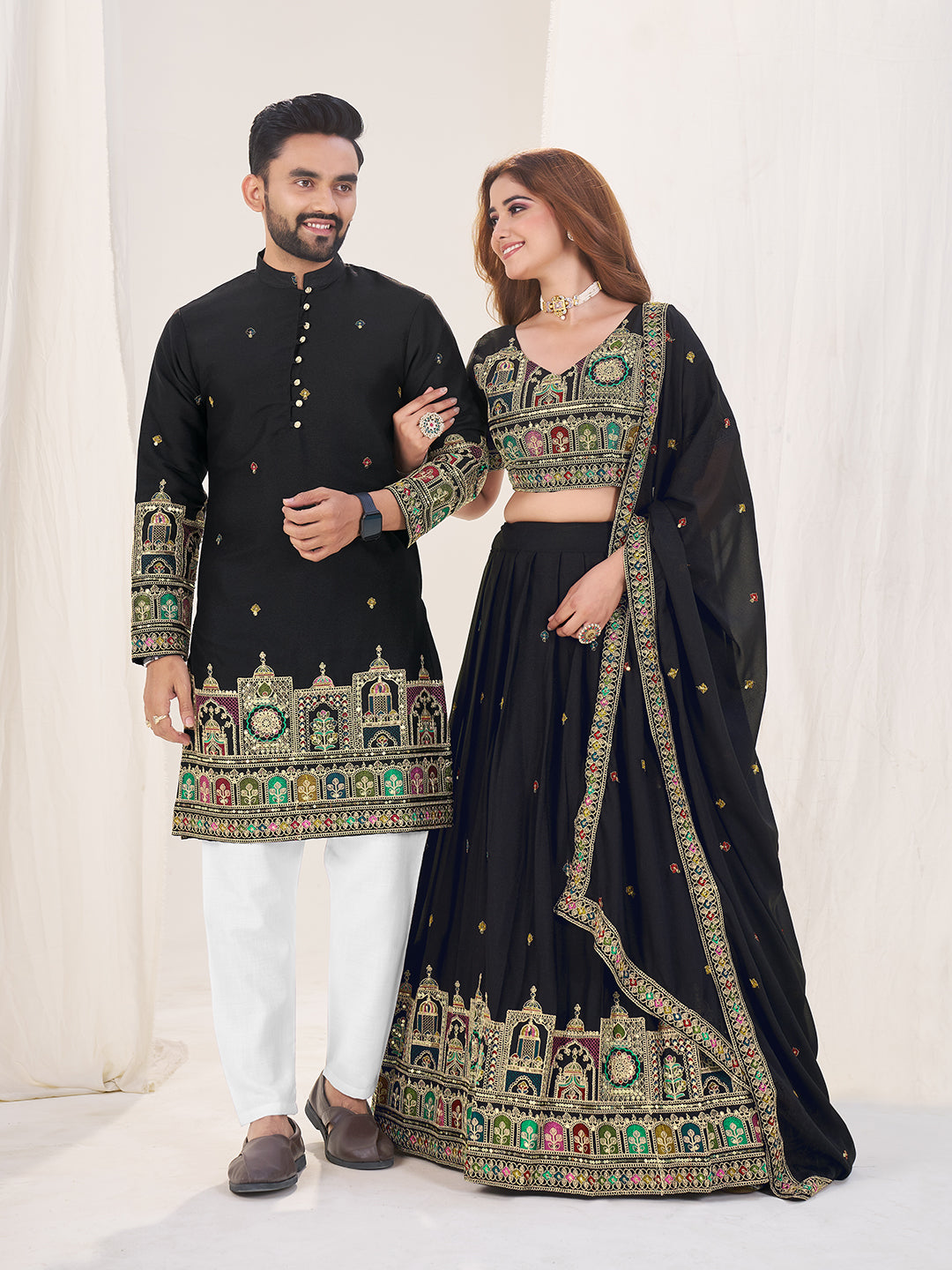 Shringaar Jodi Embroidered Lehenga Choli & Matching Men's Kurta Set Combo