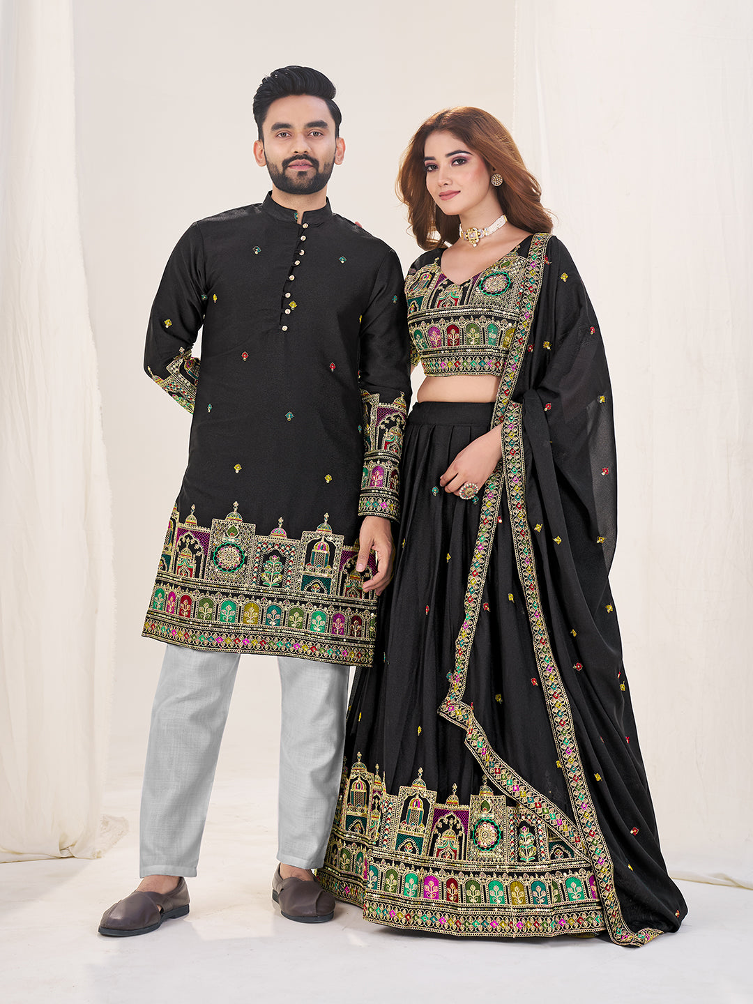 Shringaar Jodi Embroidered Lehenga Choli & Matching Men's Kurta Set Combo