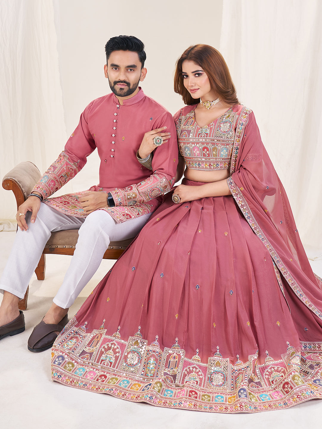 Rang-e-Shyaam Embroidered Lehenga Choli & Matching Men's Kurta Set Combo