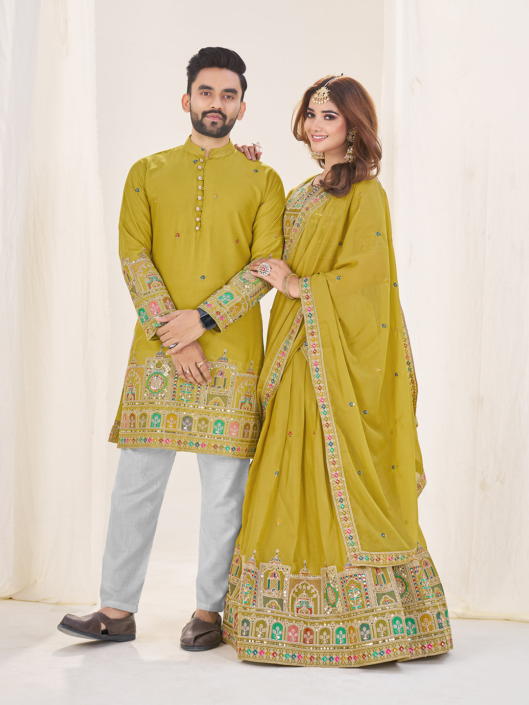 Mohini Shyaam Embroidered Lehenga Choli & Matching Men's Kurta Set Combo