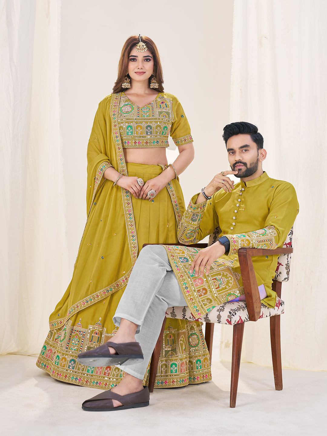 Mohini Shyaam Embroidered Lehenga Choli & Matching Men's Kurta Set Combo