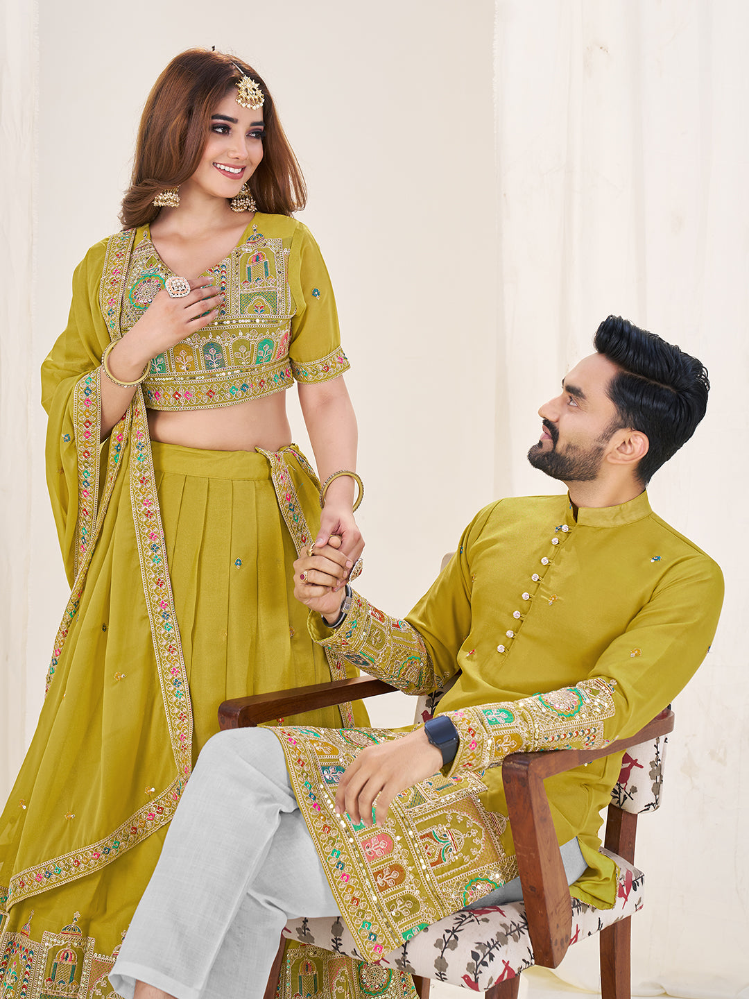 Mohini Shyaam Embroidered Lehenga Choli & Matching Men's Kurta Set Combo