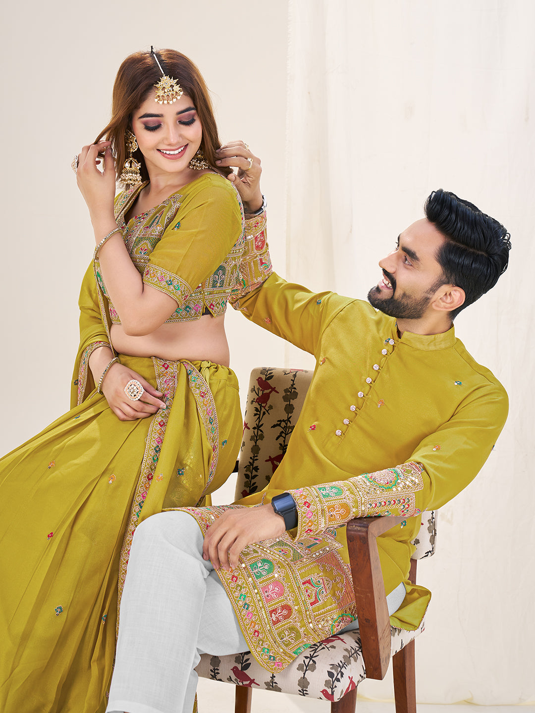 Mohini Shyaam Embroidered Lehenga Choli & Matching Men's Kurta Set Combo
