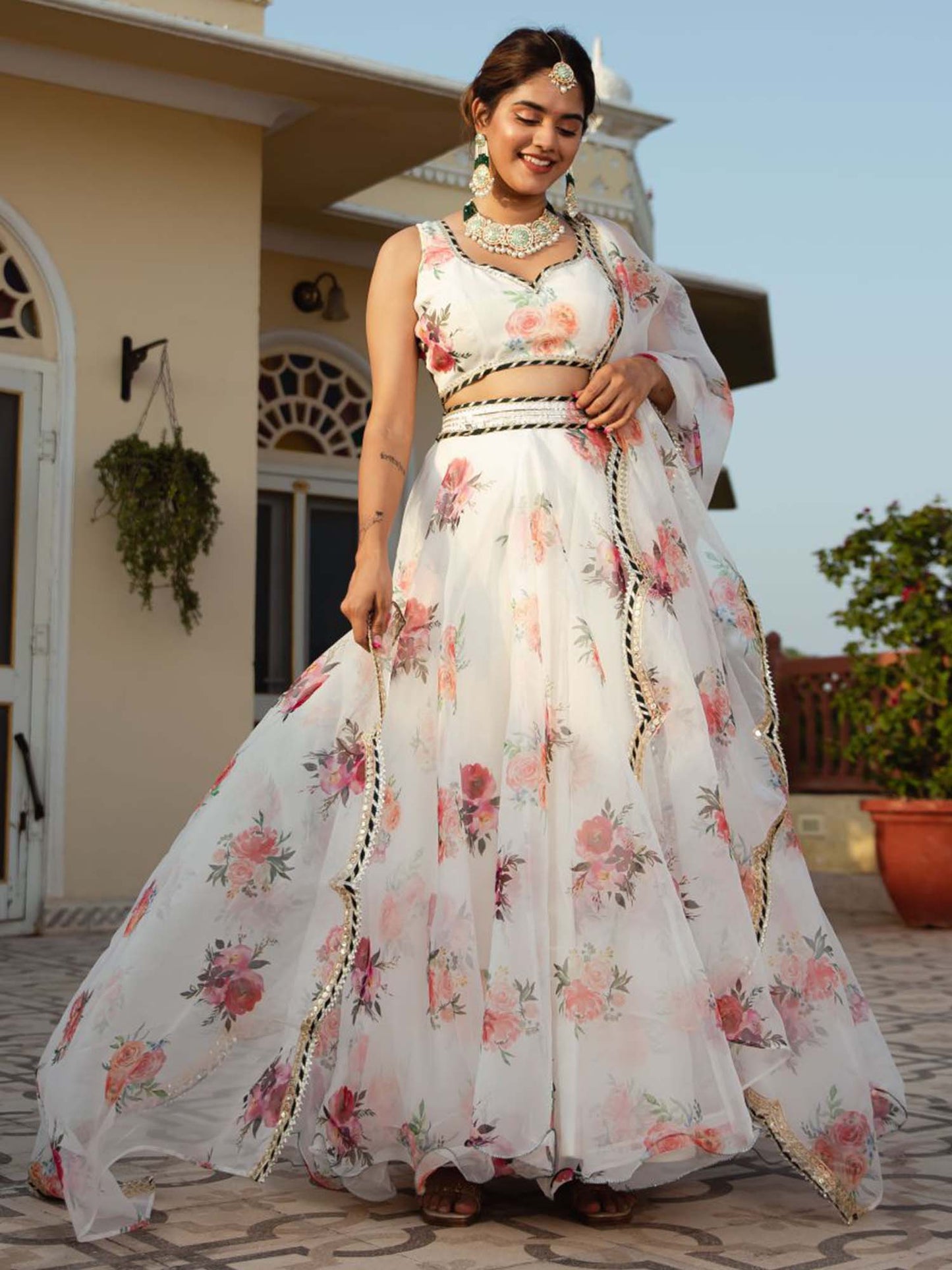Trisha White Oraganza Floral Print Lehengha Choli