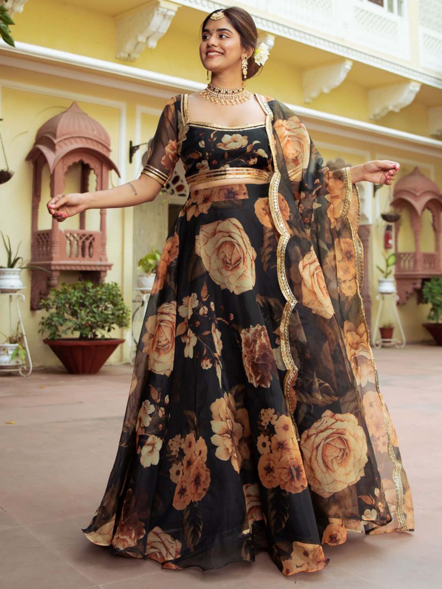 Black Oraganza Floral Print Lehengha Choli