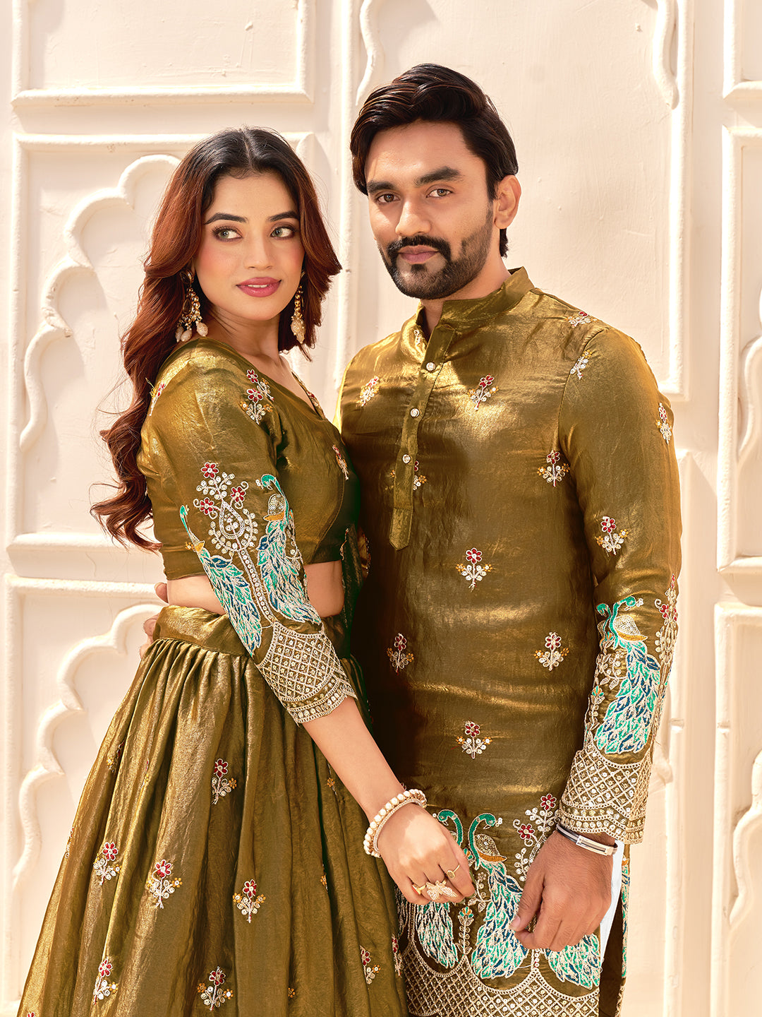 Aurevansh Antique Mustard Fendi Silk Embroidered Couple Wear Set