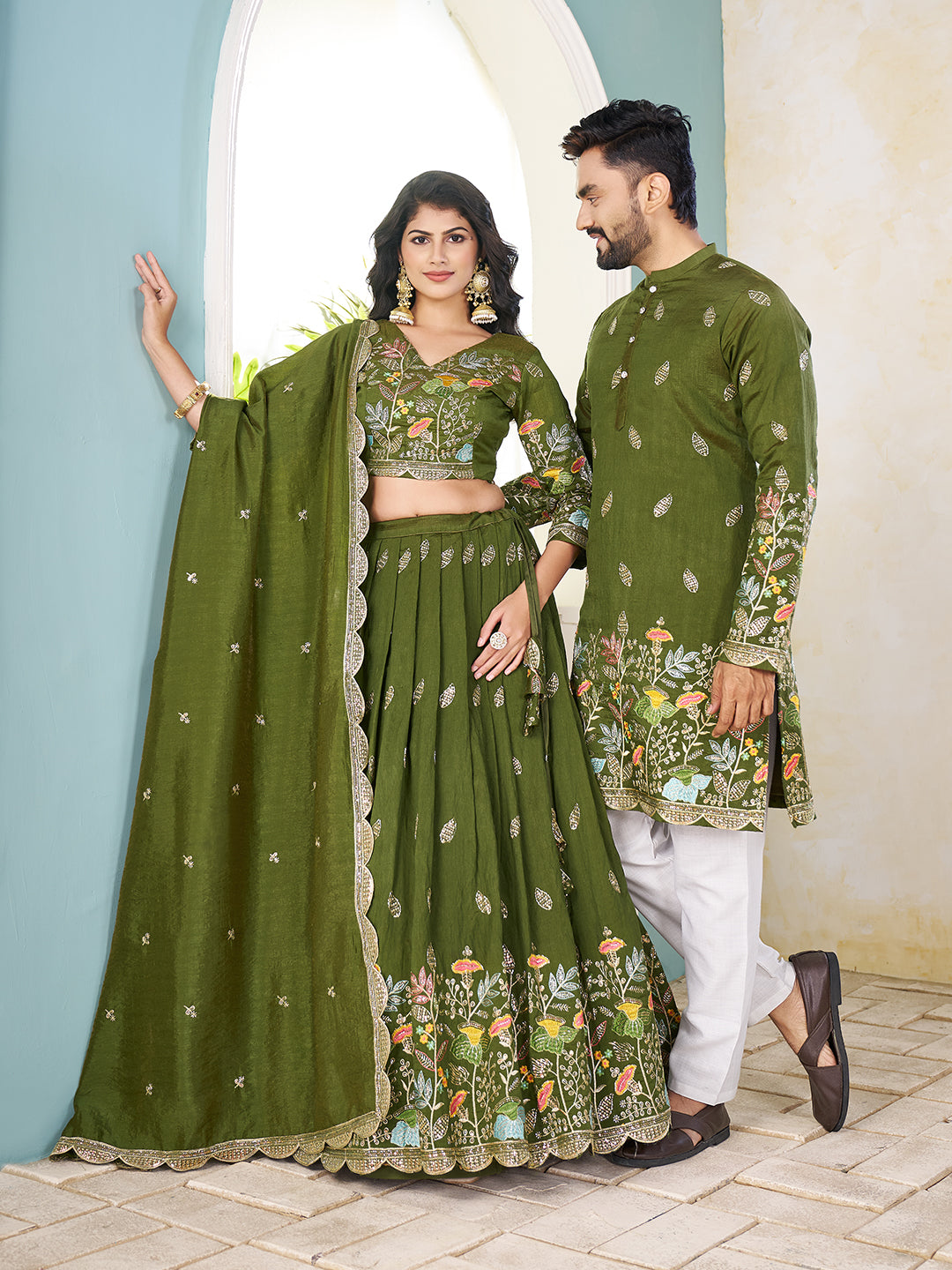 Mehak-e-Hara Embroidered Lehenga Choli & Matching Men's Kurta Set Combo