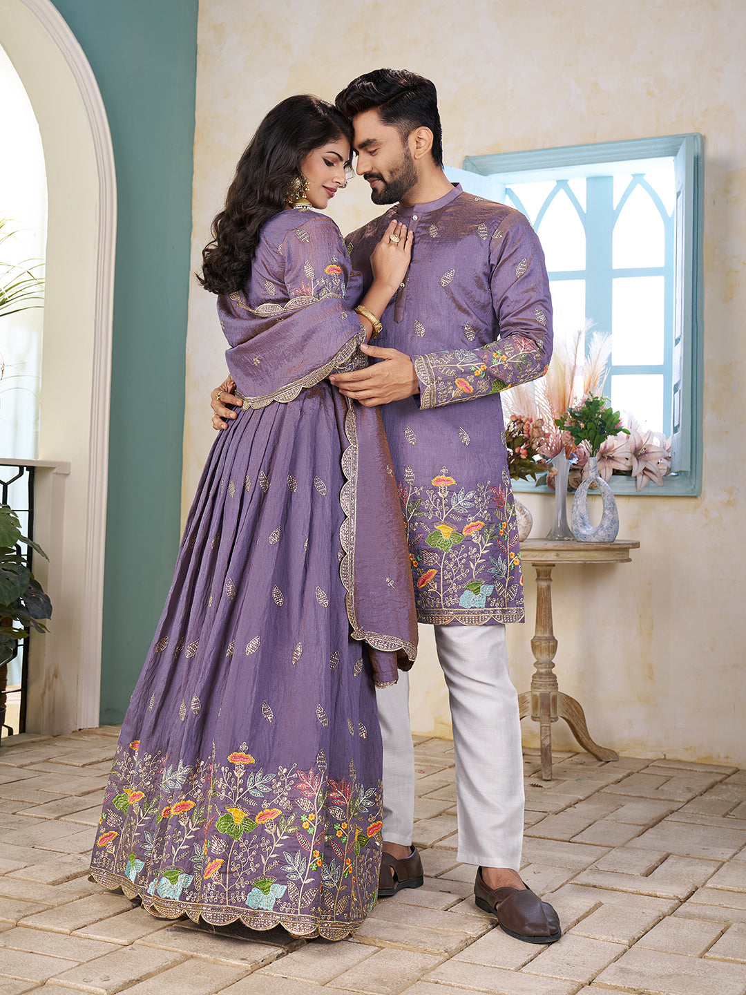 Rajvilaas Embroidered Lehenga Choli & Matching Men's Kurta Set Combo