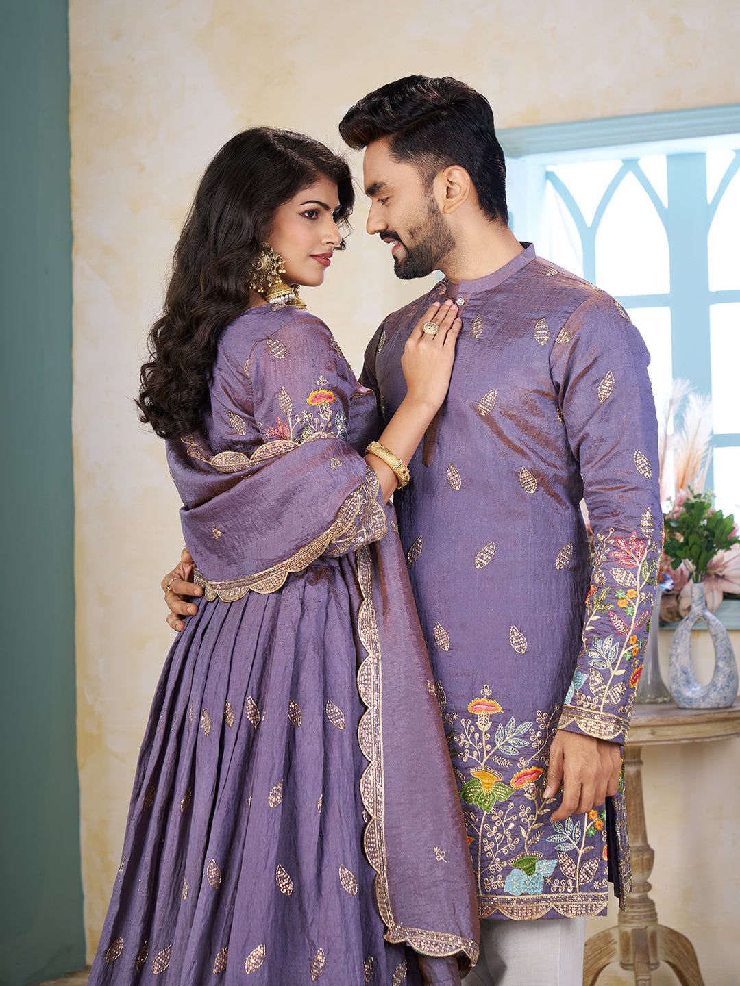 Rajvilaas Embroidered Lehenga Choli & Matching Men's Kurta Set Combo