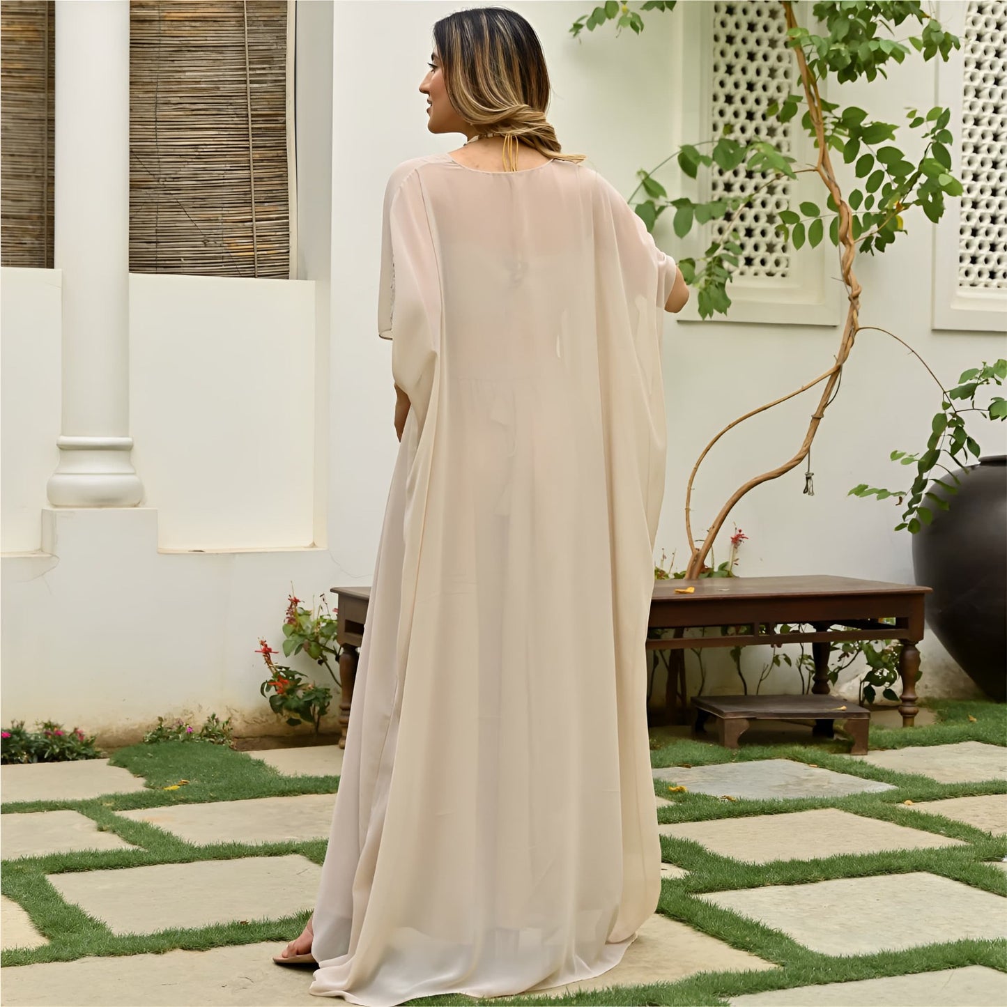 Beige Elegant Stiched Plazo Jacket Set