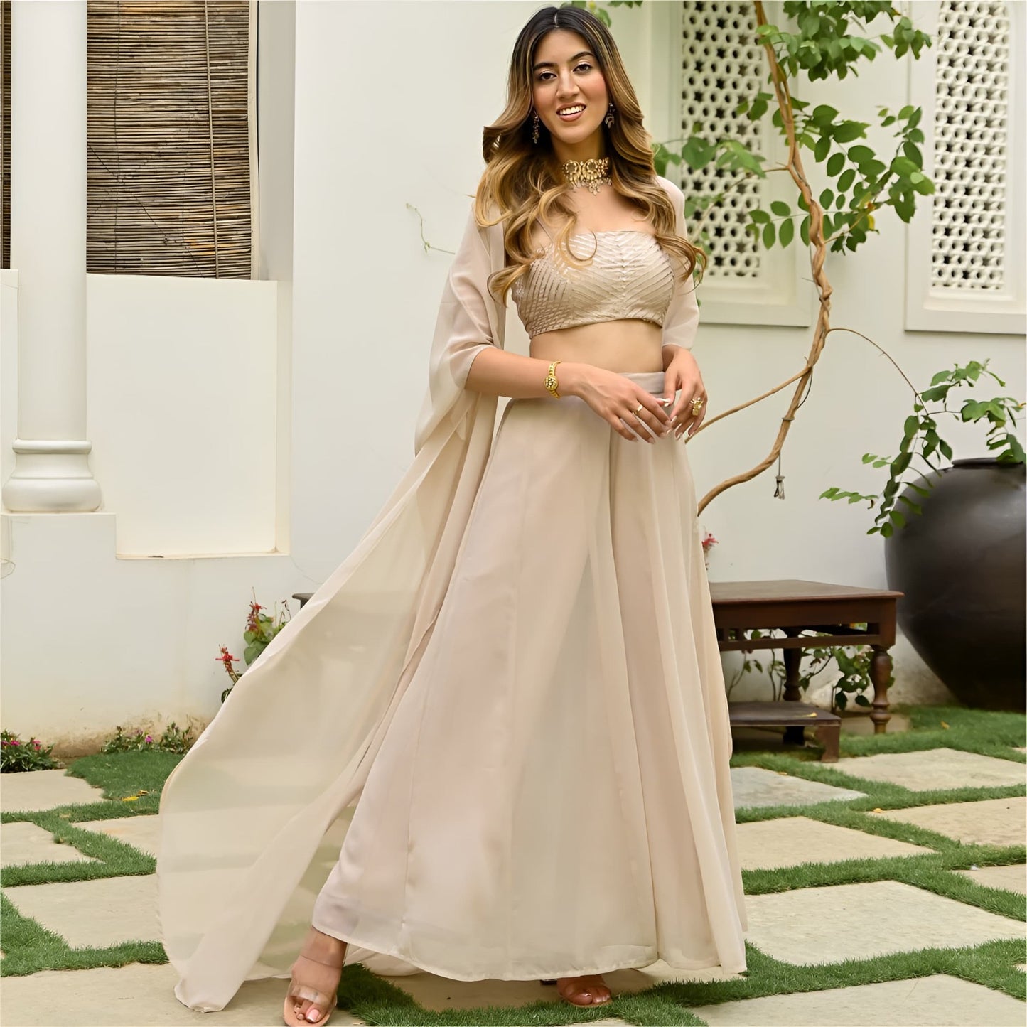 Beige Elegant Stiched Plazo Jacket Set