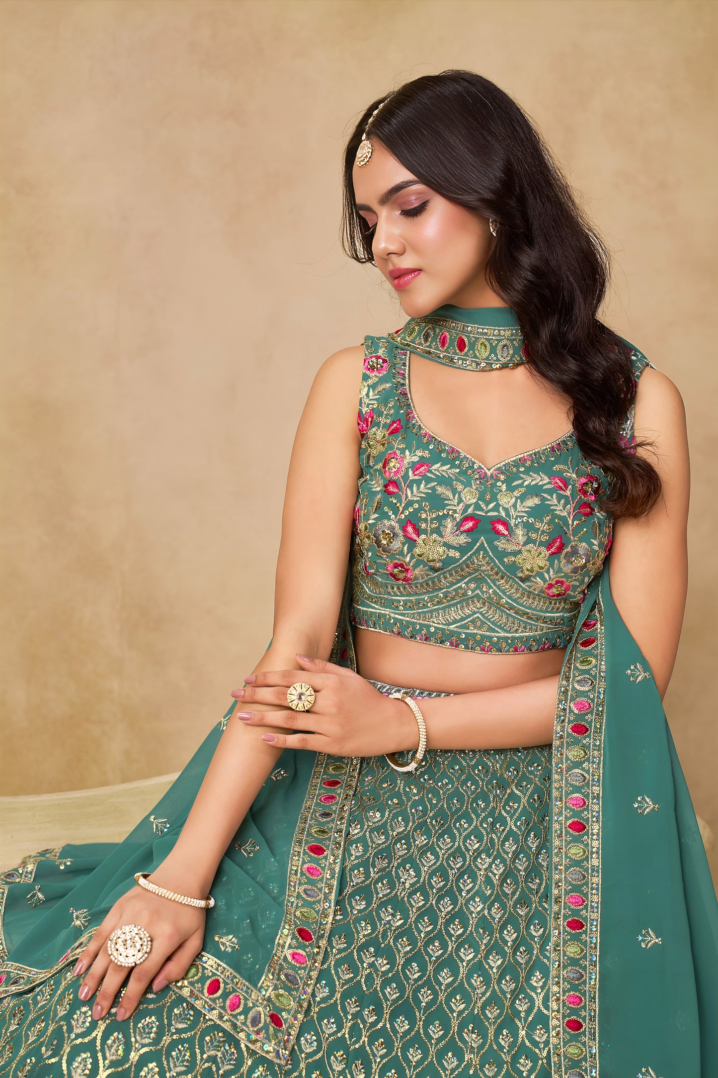 Veyanshi Teal Green Georgette Embroidered Lehenga Choli with Dupatta