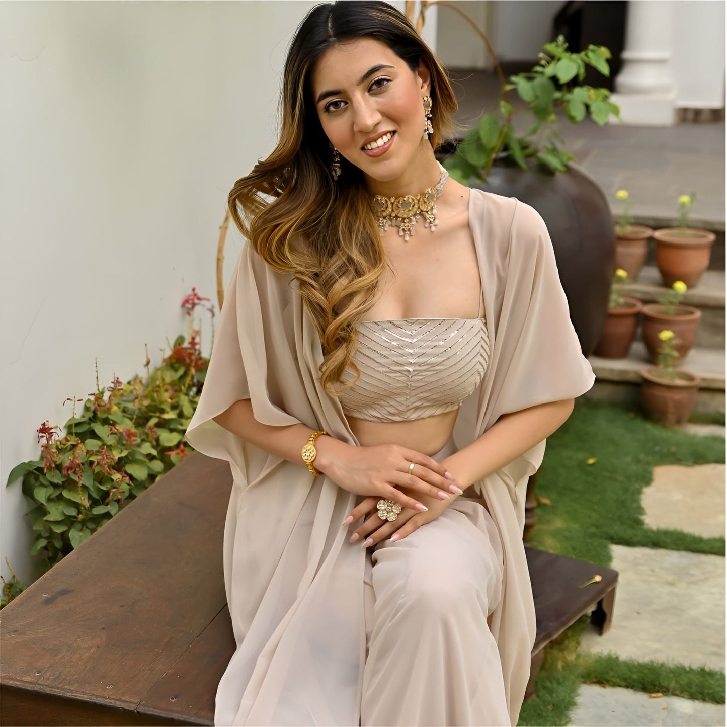 Beige Elegant Stiched Plazo Jacket Set