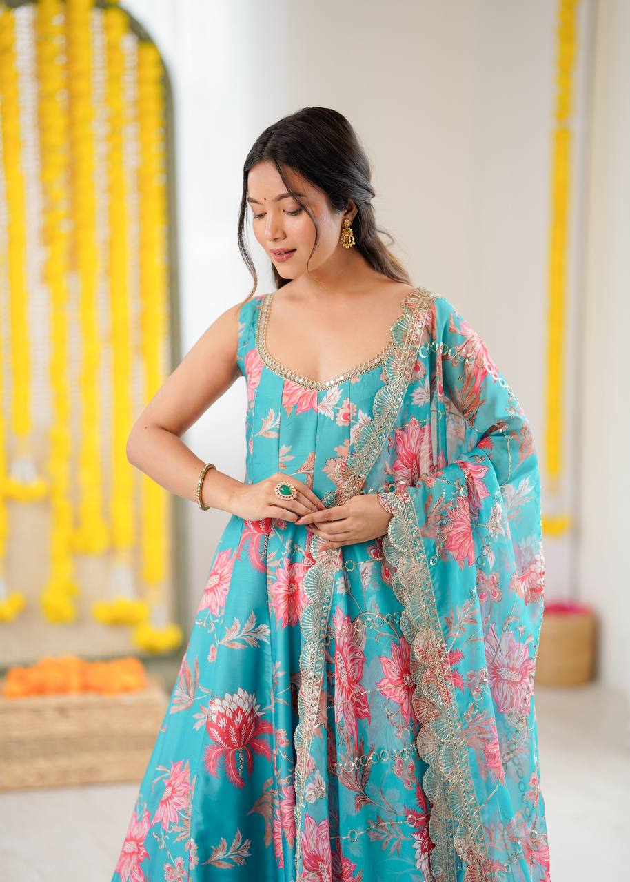 Kiyara Floral Muslin Kali Cut Anarkali Set