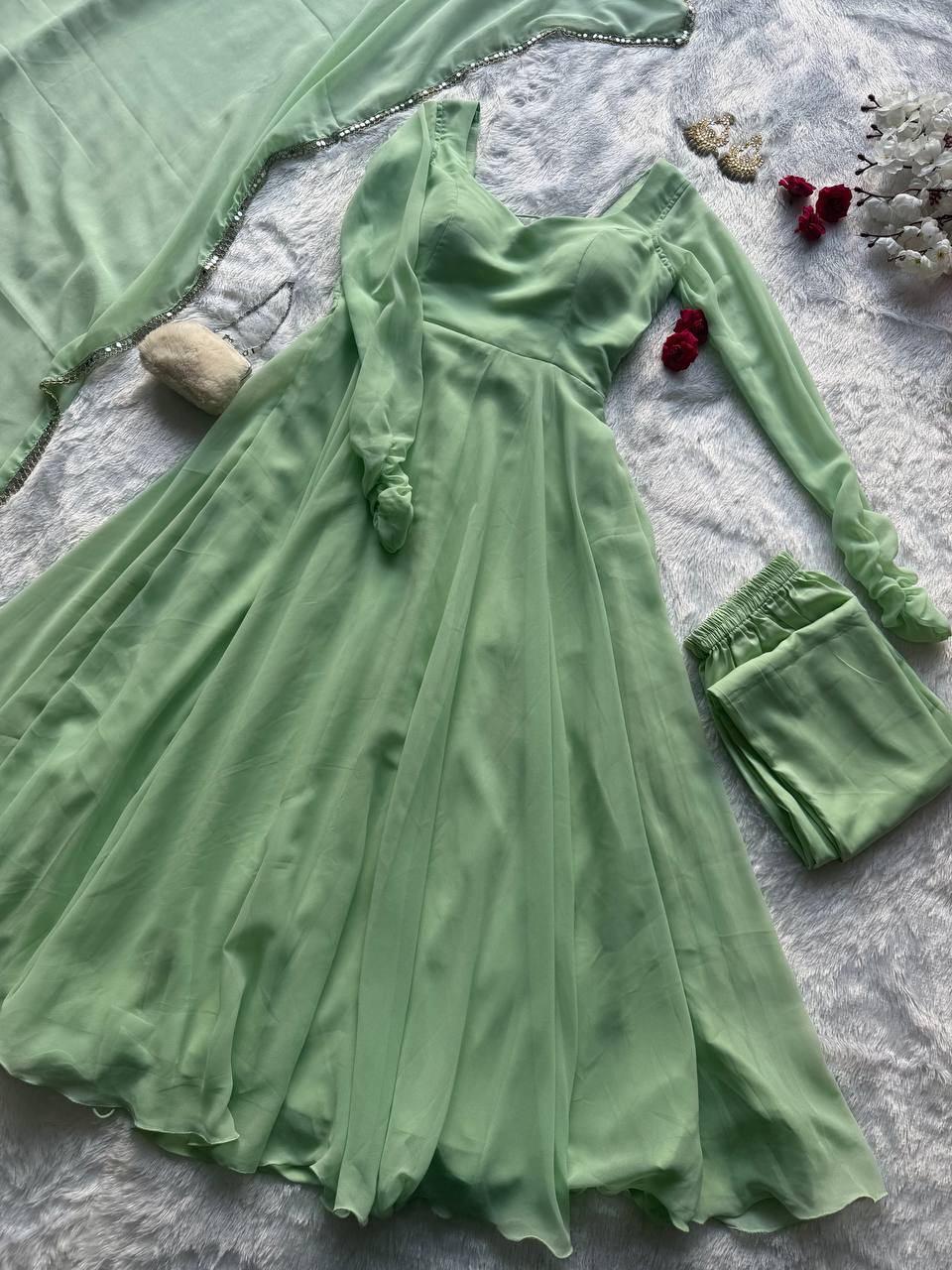 Mridulika Pista Green Georgette Anarkali Suit Set
