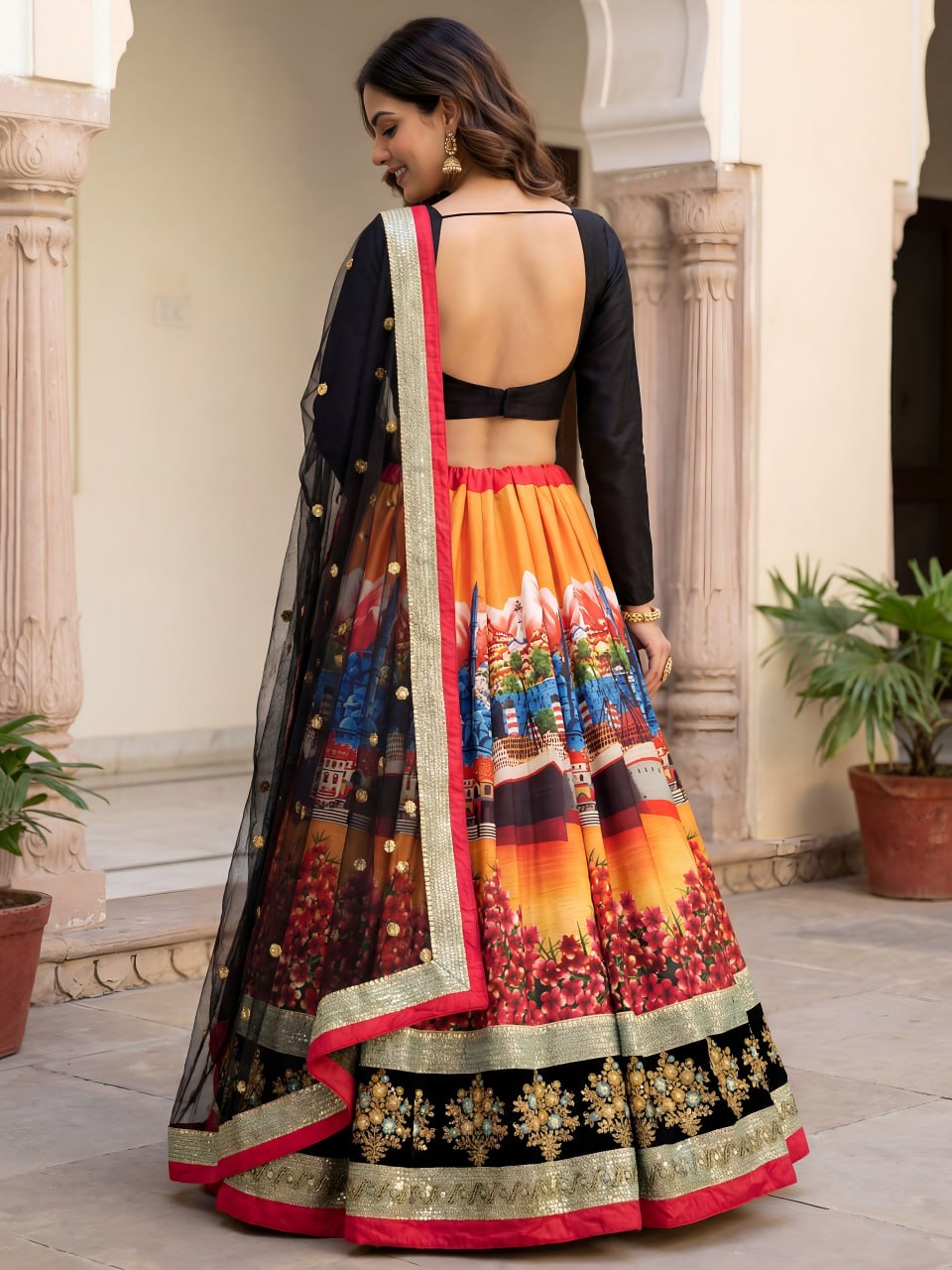 Zyraanshi Silk Lehenga Choli with Black Velvet Blouse & Pastel Embellished Neckline