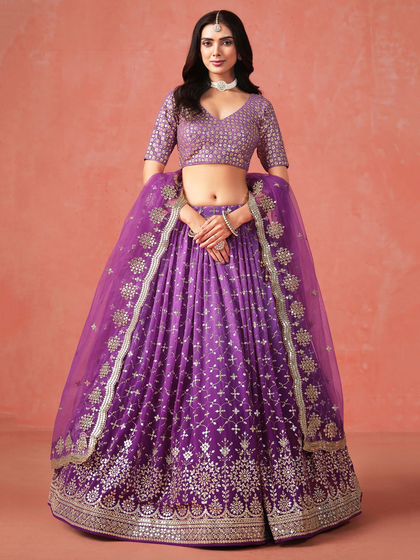 Elegance Georgette Embroidered Lehenga Set ( 11 Colours )