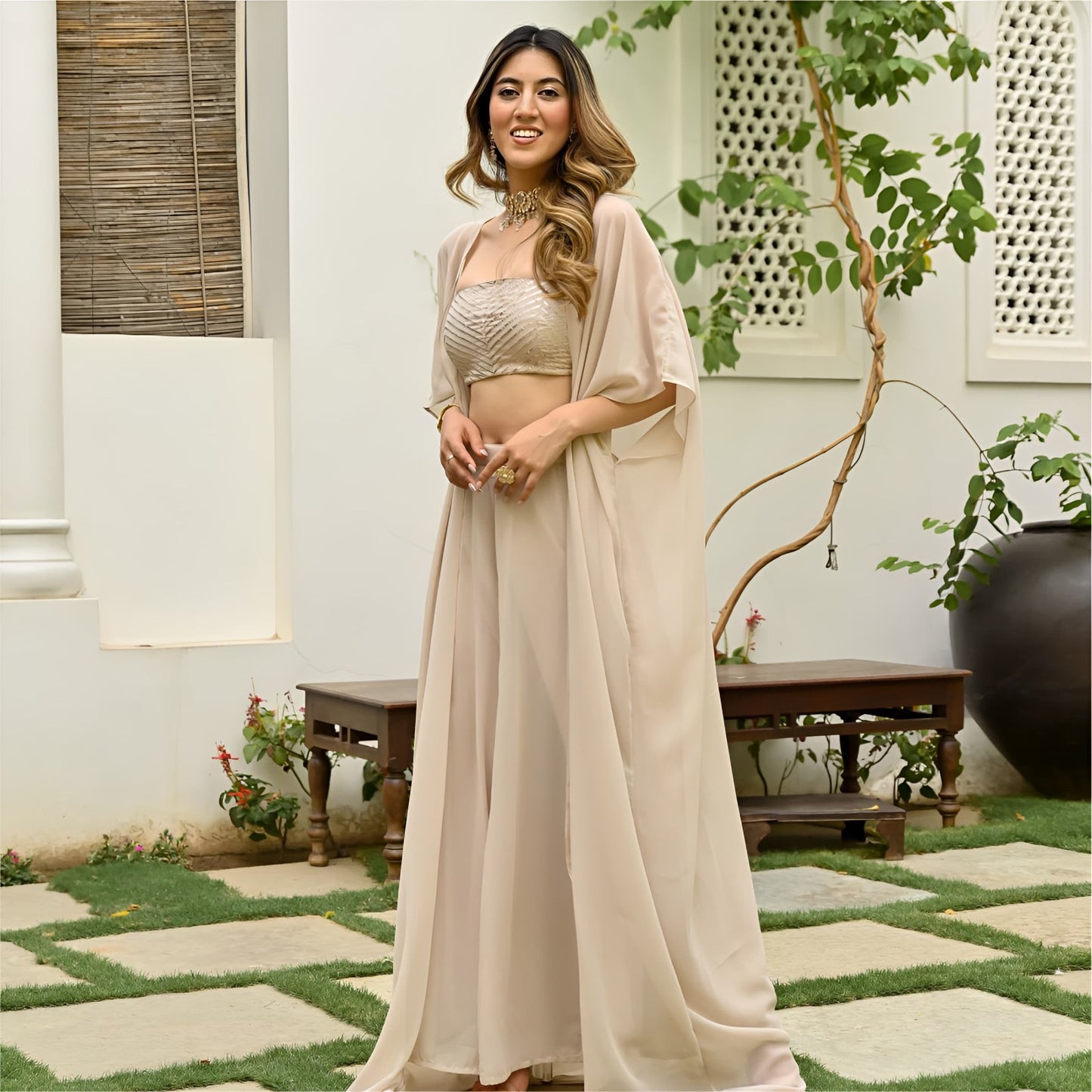 Beige Elegant Stiched Plazo Jacket Set