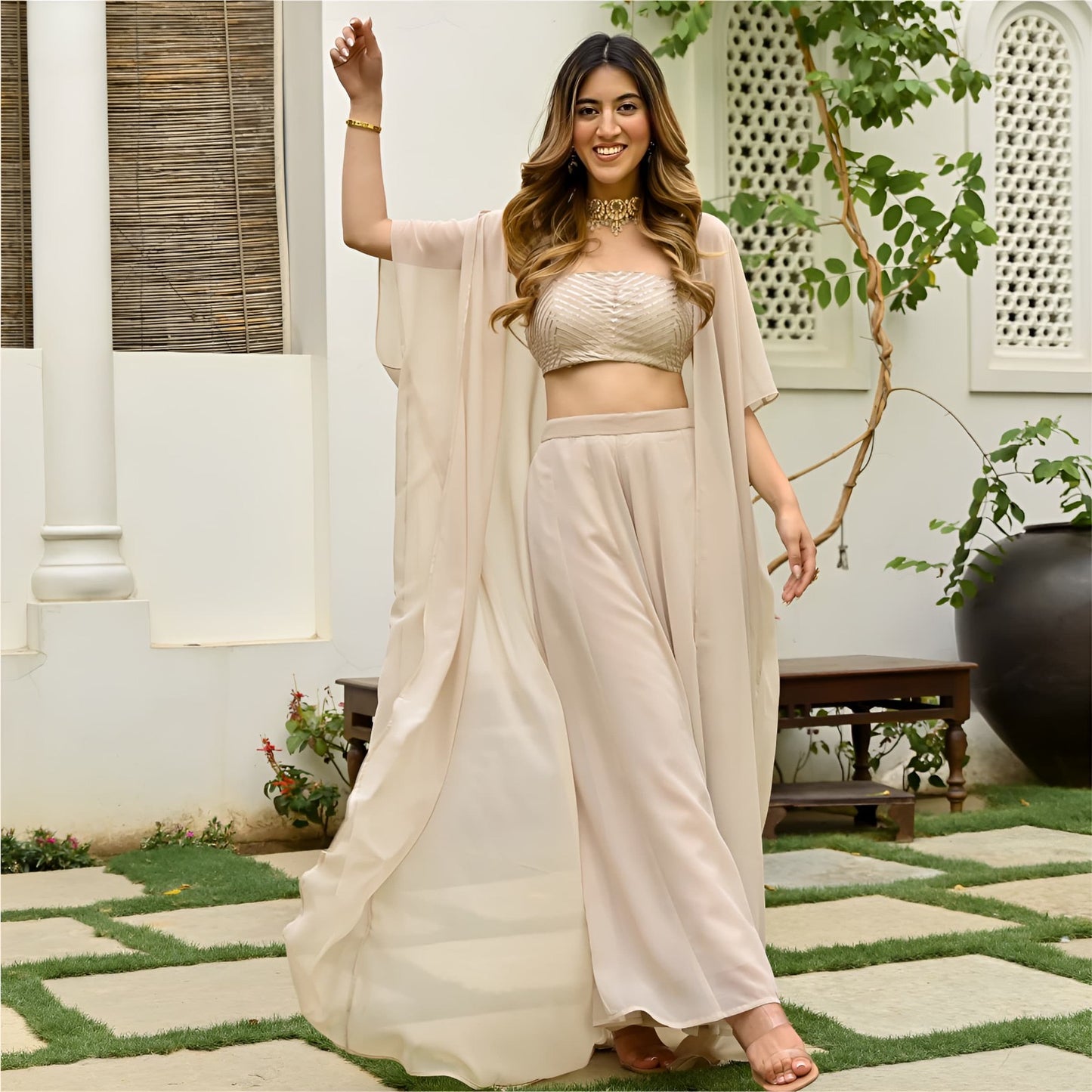 Beige Elegant Stiched Plazo Jacket Set
