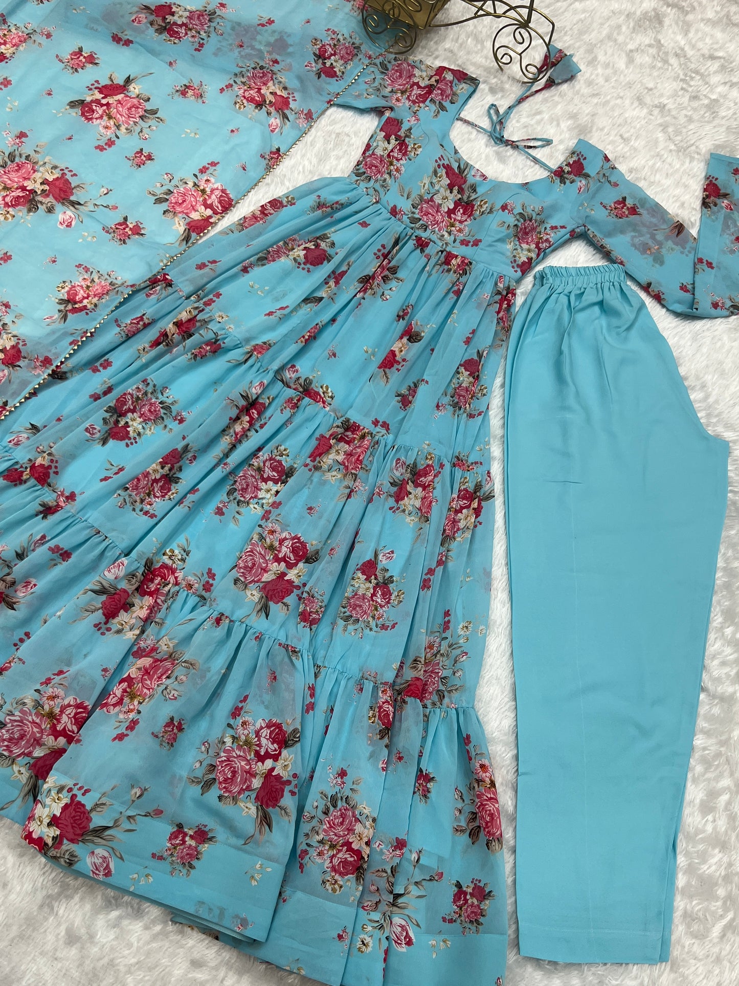 Ocean Blue Printed Georgette Anarkali