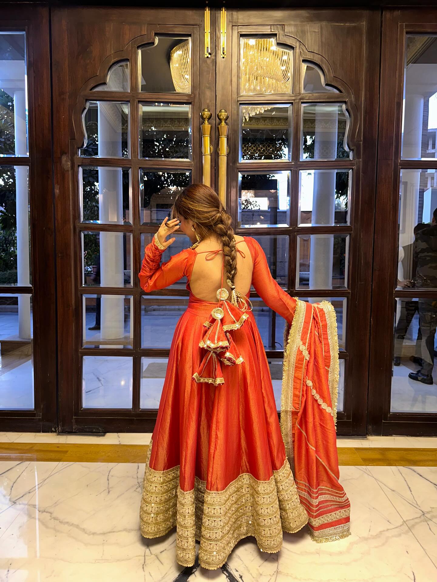 Jiya Premium Rusty Orange Chinon Silk Coding & Matte Sequins Anarkali Set