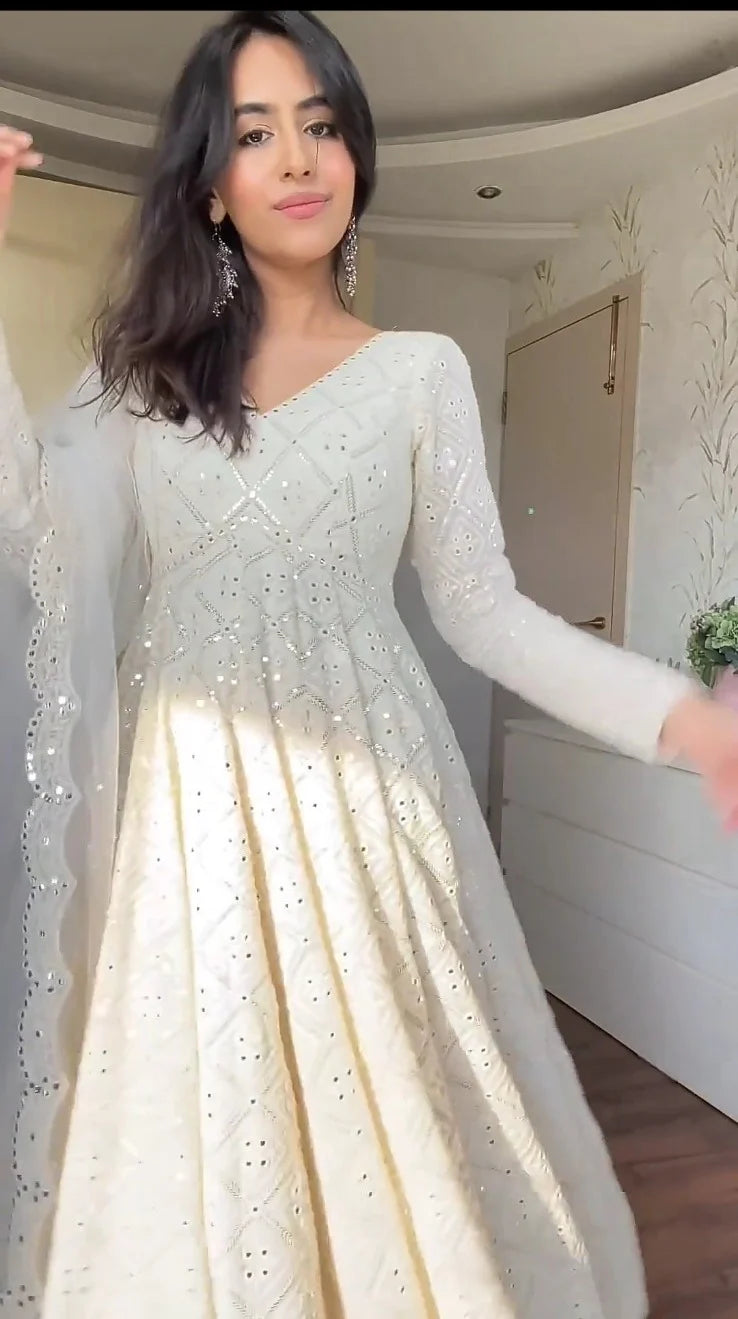 Lukhnowi Chikankari Georgette Fully Stiched Anarkali Gown