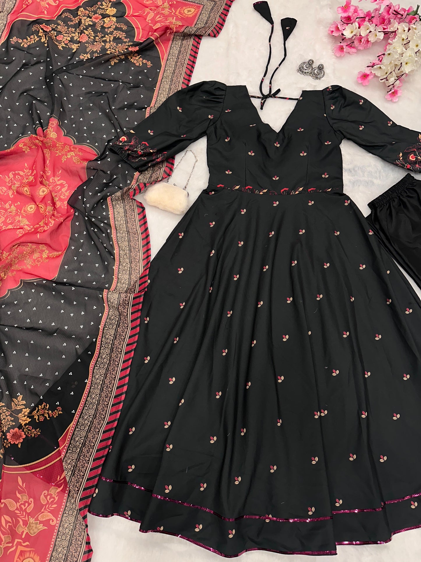 Black Digital Printed Cotton Anarkali Suit