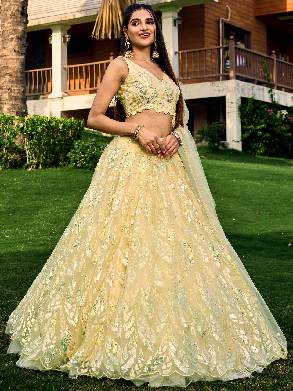 Yellow Soft Net Partywear Thread Embroidery Work Lehengha Choli