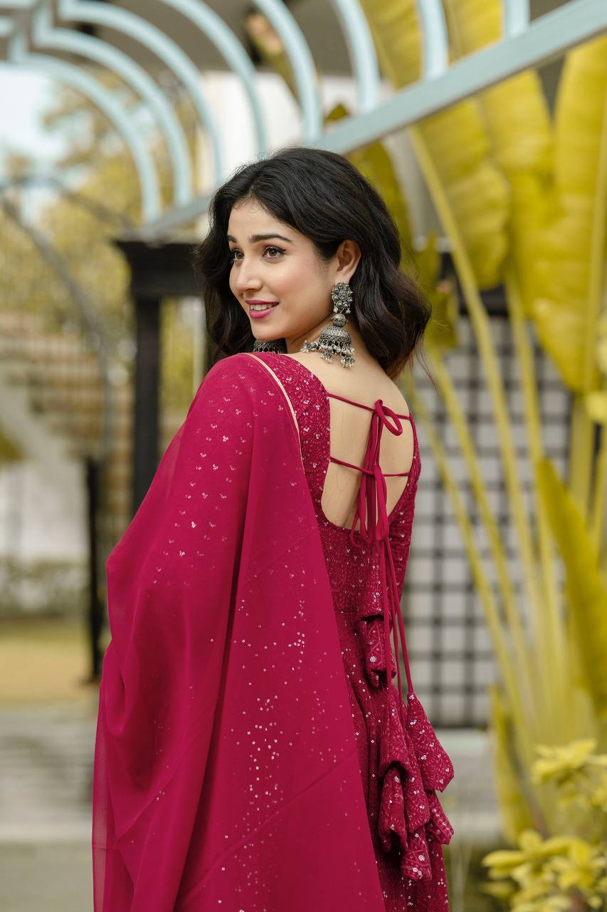 Classic Maroon Anarkali Suit Set with Intricate Kali-Cut Design