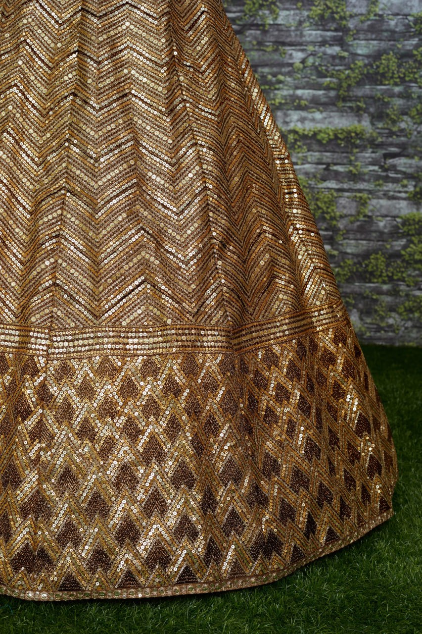 Rajeshwari Antique Gold Slub Silk Zari Dori & Heavy Sequins Bridal Lehenga Choli