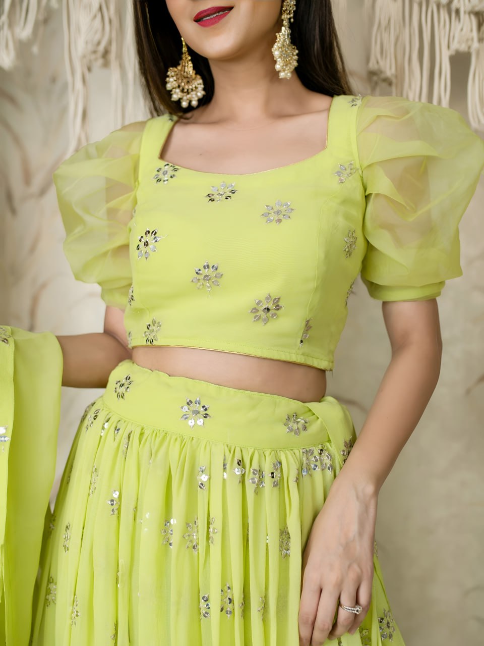 Yashodhara Lime Green Georgette Zari Sequins Embroidered Lehenga Choli