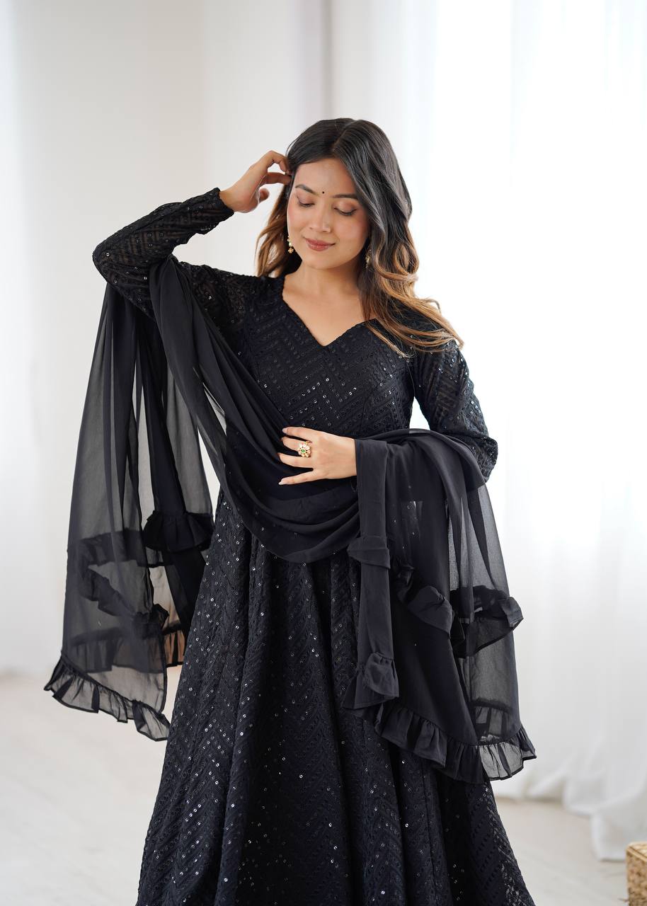Rang-e-Ishq Black Lucknowi Georgette Anarkali Suit Set
