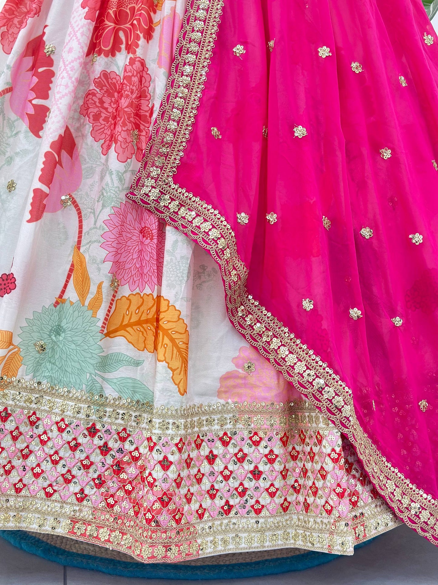 Eshmira Floral Chinon Silk Lehenga Choli with Pink Dupatta