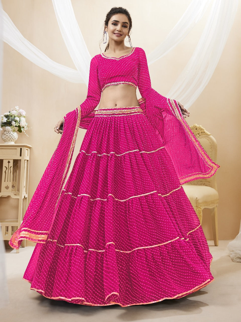 Barbie Pink Georgette Laheriya Print Lehengha Choli