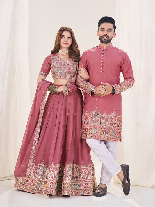 Rang-e-Shyaam Embroidered Lehenga Choli & Matching Men's Kurta Set Combo