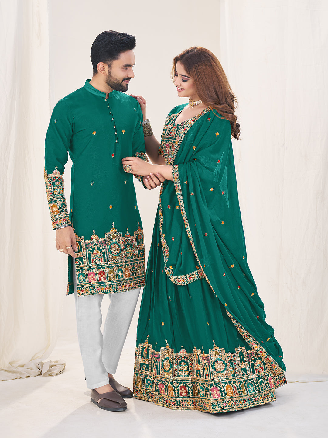 Shahi Joda Embroidered Lehenga Choli & Matching Men's Kurta Set Combo