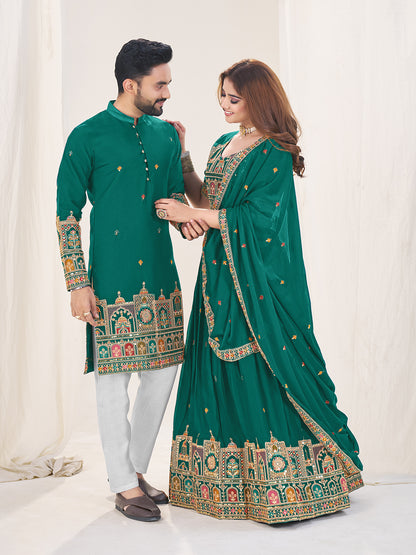 Shahi Joda Embroidered Lehenga Choli & Matching Men's Kurta Set Combo