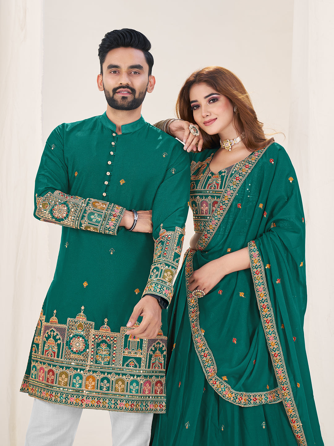 Shahi Joda Embroidered Lehenga Choli & Matching Men's Kurta Set Combo