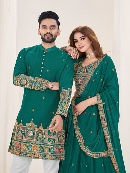 Shahi Joda Embroidered Lehenga Choli & Matching Men's Kurta Set Combo