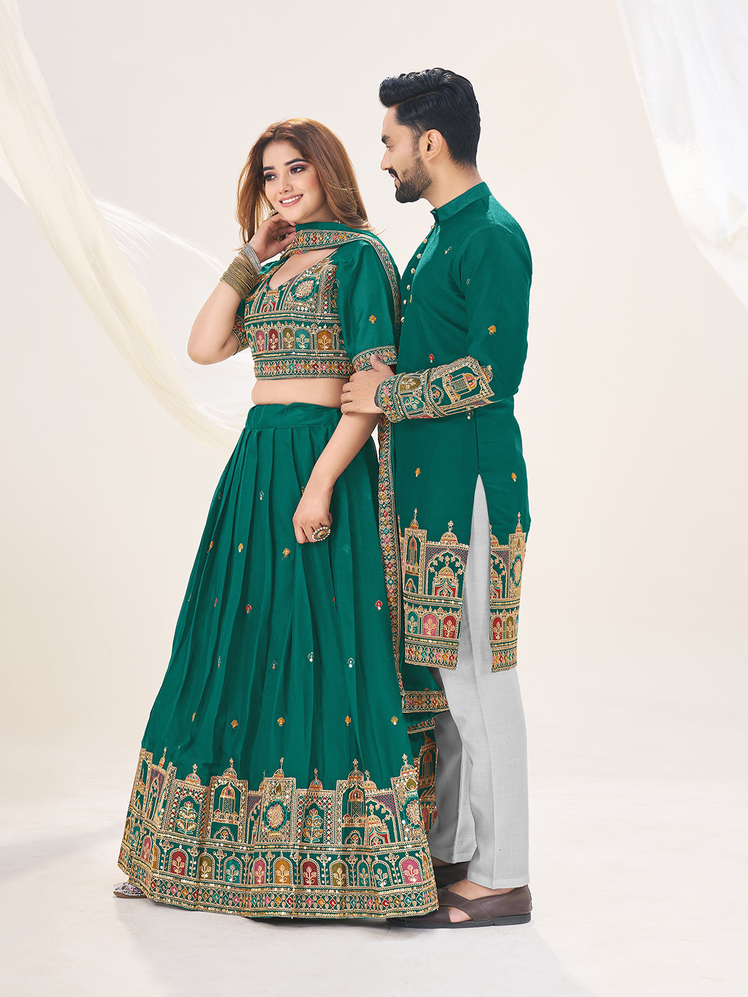Shahi Joda Embroidered Lehenga Choli & Matching Men's Kurta Set Combo