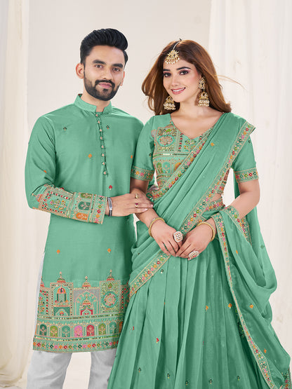 Prem Rang Embroidered Lehenga Choli & Matching Men's Kurta Set Combo