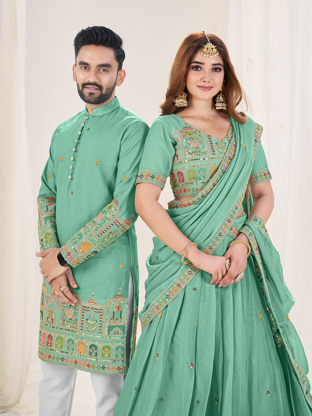 Prem Rang Embroidered Lehenga Choli & Matching Men's Kurta Set Combo