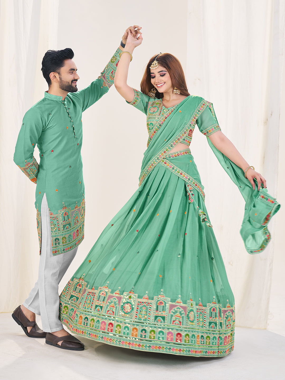 Prem Rang Embroidered Lehenga Choli & Matching Men's Kurta Set Combo