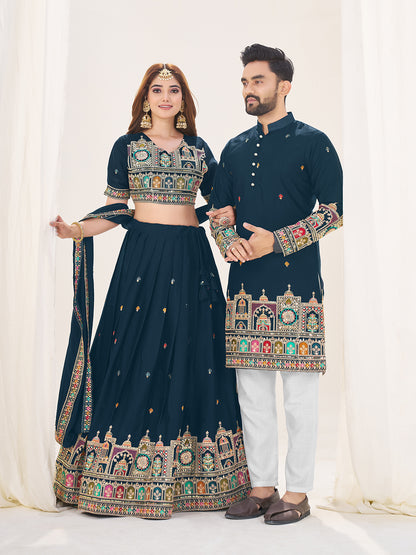 Shubh Neel Embroidered Lehenga Choli & Matching Men's Kurta Set Combo
