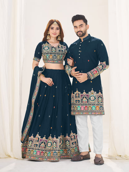 Shubh Neel Embroidered Lehenga Choli & Matching Men's Kurta Set Combo