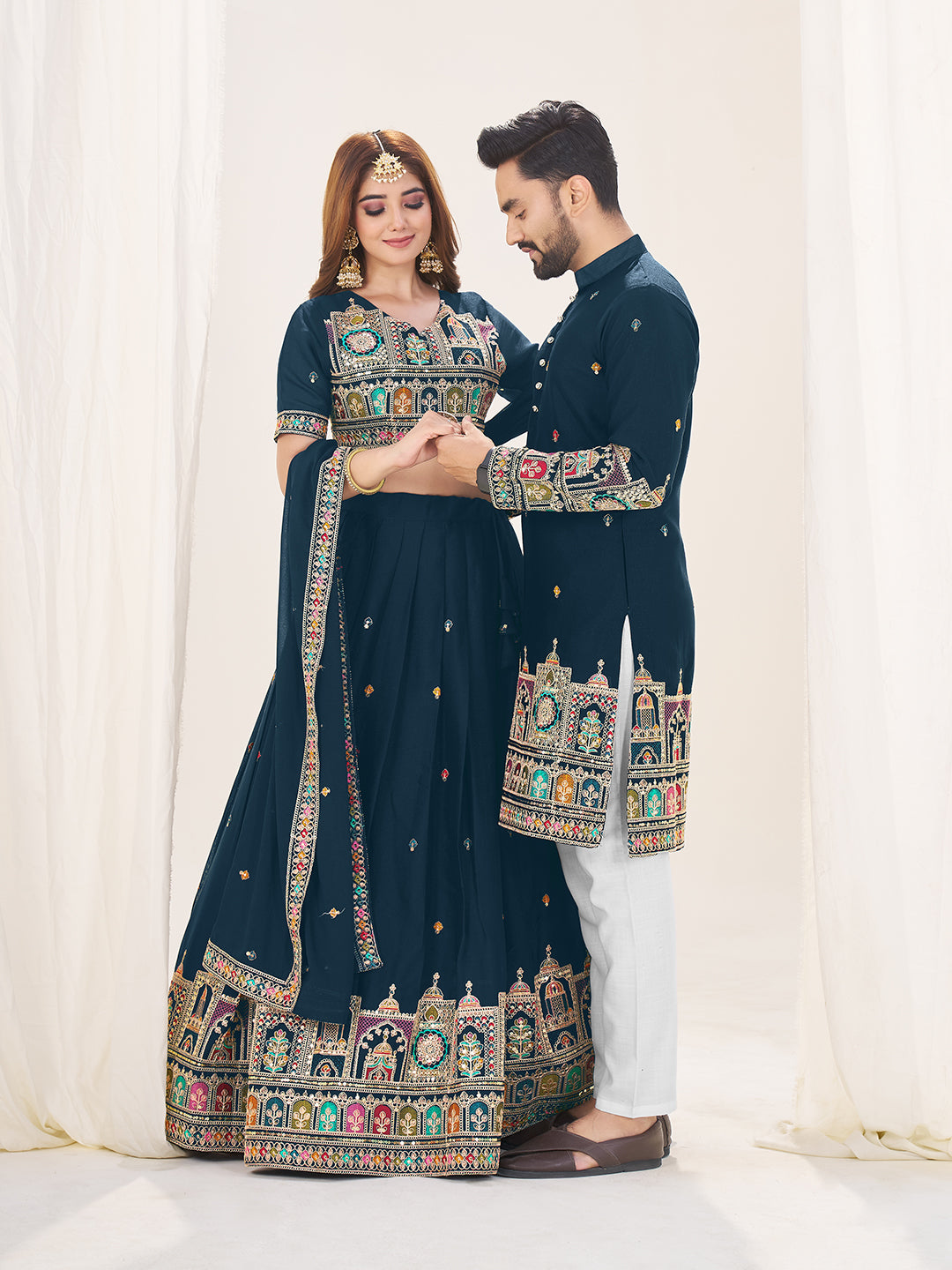 Shubh Neel Embroidered Lehenga Choli & Matching Men's Kurta Set Combo
