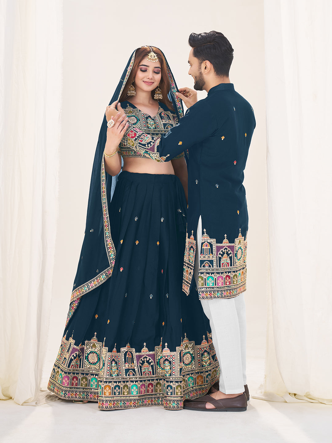 Shubh Neel Embroidered Lehenga Choli & Matching Men's Kurta Set Combo