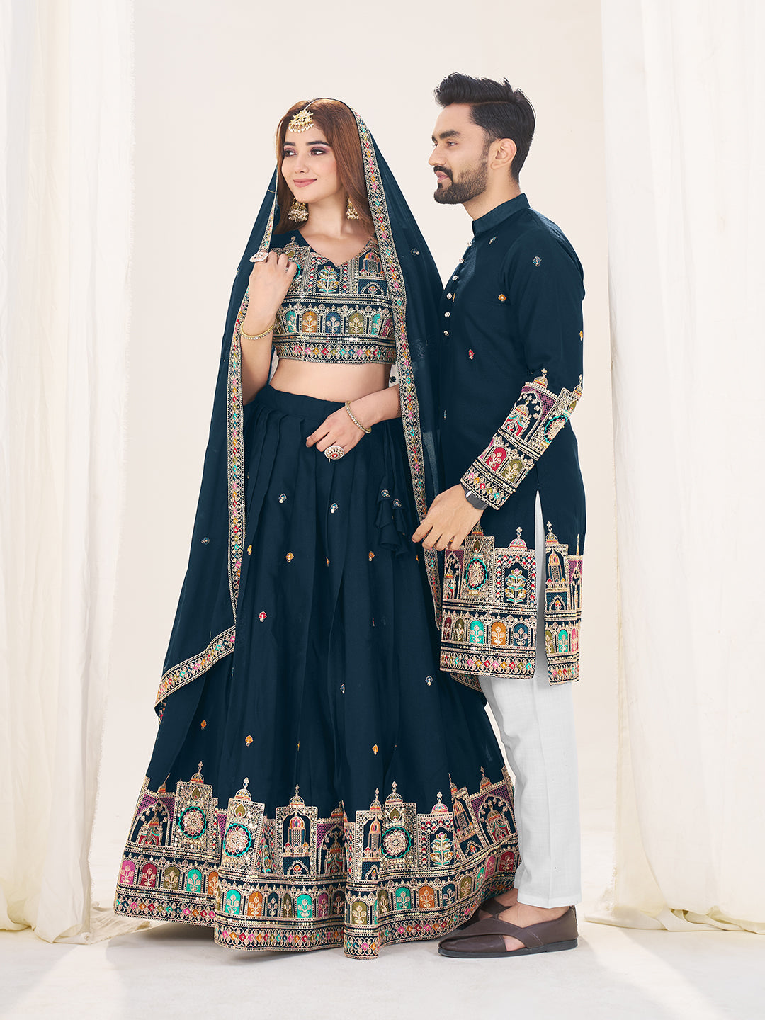 Shubh Neel Embroidered Lehenga Choli & Matching Men's Kurta Set Combo
